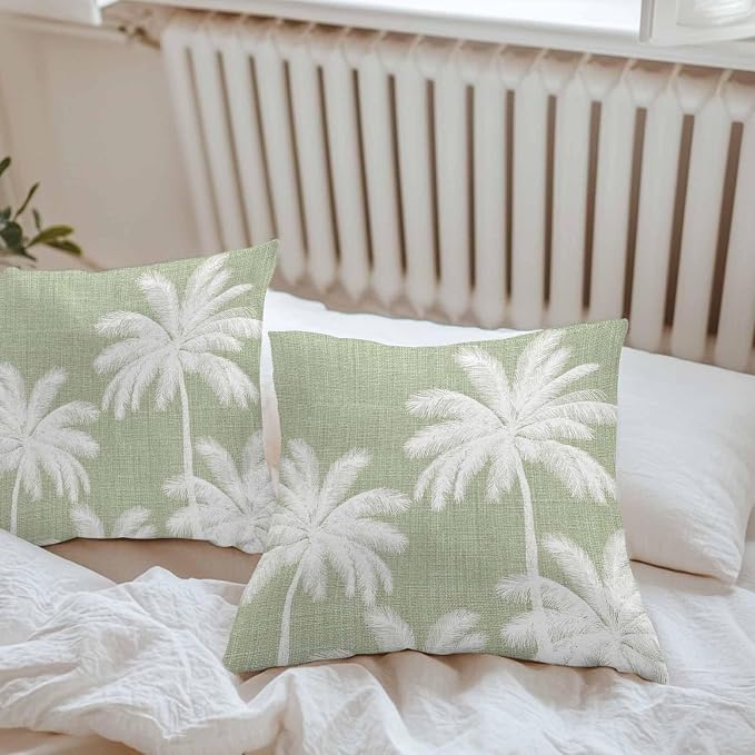 Outdoor Pillow Covers 18x18 Inch Set of 2, Sage Green Palm Trees Waterproof Throw Pillow Covers, Farmhouse Tropical Summer Beach Decorative Cushion Pillowcases for Couch, Sofa, Bed, Garden, Patio