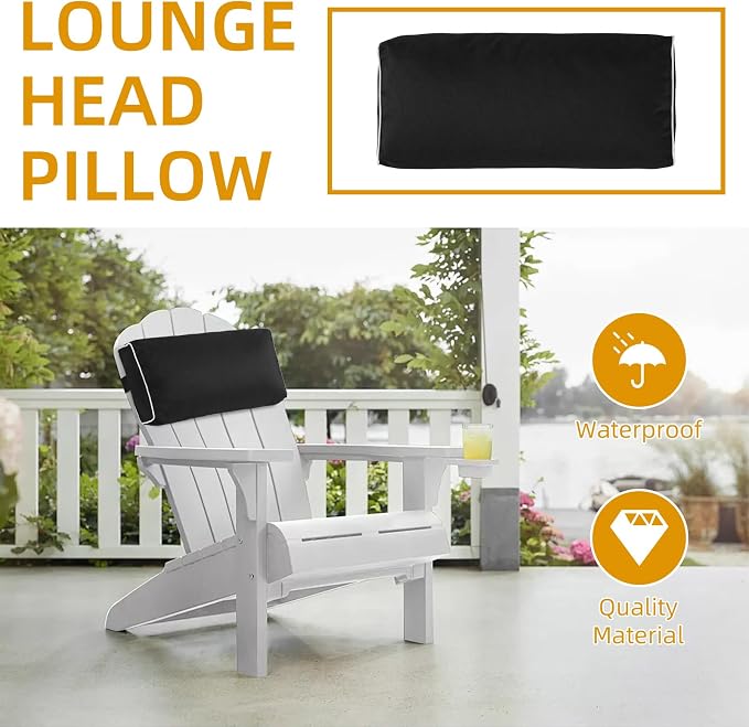 2 Pack Outdoor Chaise Lounge Head Pillow, Patio Pool Chair Pillows Water Resistant Headrest Pillow Lumbar Pillows with Insert and Adjustable Elastic Strap for Recliner Beach Chair, Black