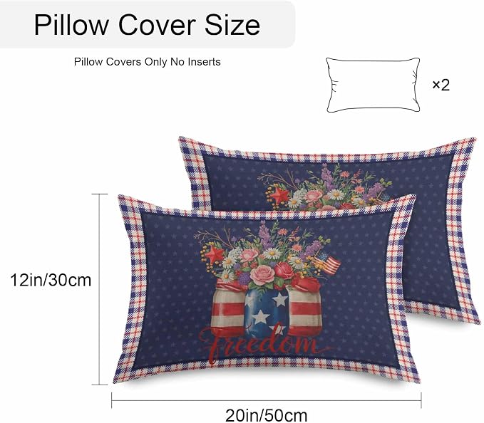 Waterproof Throw Pillow Covers, Independence Day Daisy Flower Tulip American Flag Star Blue Red Plaid Decorative Pillowcase Soft Cushion Case for Patio Couch Tent Balcony, Set of 2 Rectangle, 20"X12"