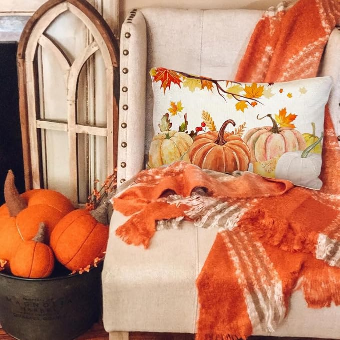 RABUSOFA Fall Pillow Covers 12x20 Inch Set of 2 Thanksgiving Autumn Orange White Teal Pumpkin Maple Leaf Lumbar Harvest Outdoor Waterproof Throw Cushion Cases Fall Decorations for Home Couch Patio