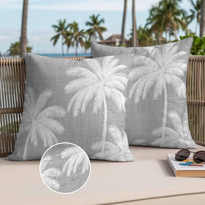 Outdoor Pillow Covers 26x26 Inch Set of 2, Grey Palm Trees Waterproof Throw Pillow Covers, Farmhouse Tropical Summer Beach Decorative Cushion Pillowcases for Couch, Sofa, Bed, Garden, Patio