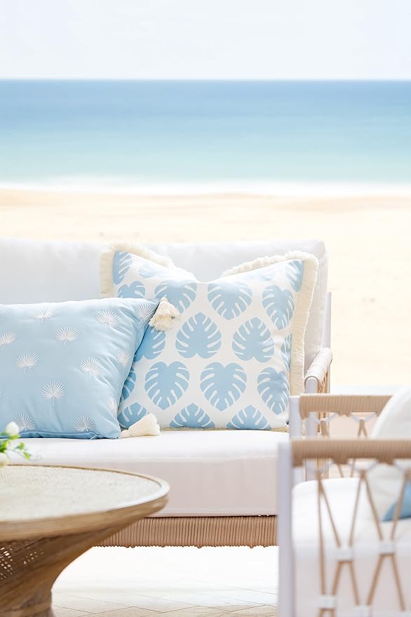 Hofdeco Premium Coastal Hampton Style Patio Indoor Outdoor Pillow Cover Only, 20"x20" Water Resistant for Backyard, Couch, Baby Blue Monstera Leaf Fringe