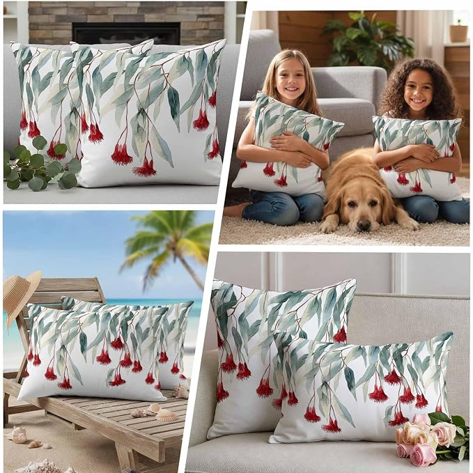 Red Floral Leaves Waterproof Outdoor Pillow Covers Set of 2 Home Decor, Pastoral Rustic Botanical Flowers Pillowcase Patio Pillow Covers for Couch Bench Furniture Garden 26x26in