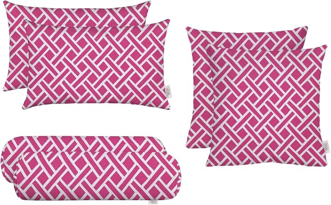 RSH DECOR 6-Pack Pillow Set | All-Weather Fabric | Water & Fade-Resistant | Outdoor Throw Pillows | 20" x 12" Lumbar, 17" Square, & 20" x 6" Neck Roll | Made in USA (Midnight Melody Pink Geometric)