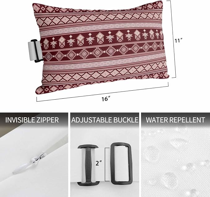 Outdoor Lumbar Pillow Set of 2, Red Boho Striped Waterproof Beach Headrest Pillow with Inserts, Southwestern Ethnic Tribe Vintage Recliner Throw Pillows for Patio Furniture, 12 x 20