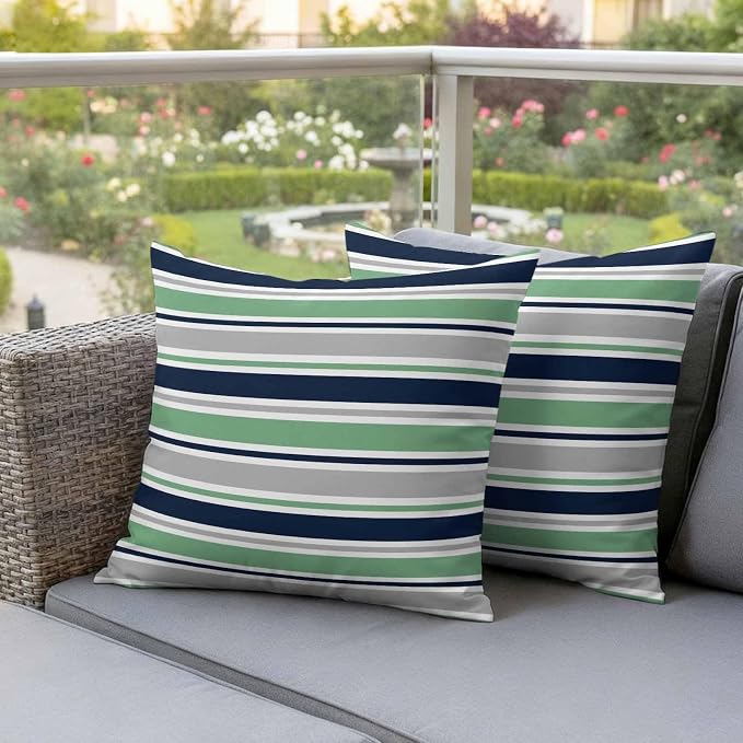 Outdoor Pillow Covers 18 x 18 Inches, Green Grey Striped Waterproof Throw Pillow Cover Set of 2, Farmhouse Stripes Modern Abstract Art Decorative Square Cushion Covers for Patio/Couch/Garden