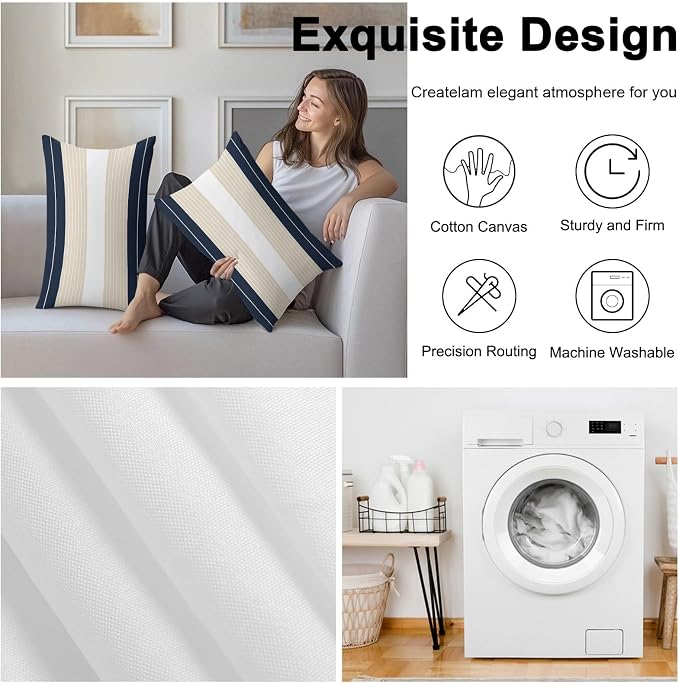 Navy Blue Beige Stripe Outdoor Pillow Covers Waterproof, All Weather Cushion Case Set of 2, Modern Art Horizontal Striped Lumbar Pillowcase for Sofa Couch Bed Decor Patio Furniture 20"x12"