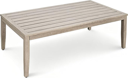 Outdoor Coffee Table, Never-Rust Aluminum Patio Coffee Table with Faux Wood Grain Finish, 24" x 43" Rectangle All-Weather Patio Table with Adjustable Feet for Balcony, Deck, Garden