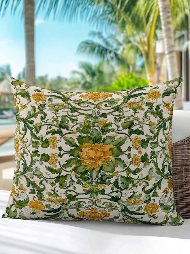Outdoor Pillows with Inserts 18x18, Yellow Green Boho Waterproof Outdoor/Indoor Throw Pillows, Classic Floral Farmhouse Botanical Decorative Pillow for Bed Couch Sofa Patio Furniture