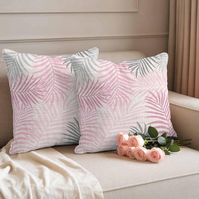 Outdoor Waterproof Throw Pillow Covers, Pink Grey Palm Leaves Decorative Pillow Cases, Summer Botanical Tropical Leaf Couch Pillow Protector Patio Sofa Cushion Covers Replacement 18"x18" 2 Pack