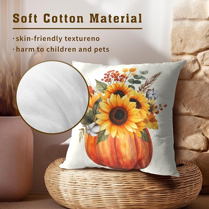 Fall Sunflower Pumpkin Pillow Cover Set of 2-22x22 Inch Autumn Flower Floral Harvest Seasonal Decorative Sofa Couch Cushion Case for Porch Patio Outdoor Indoor Home Decor