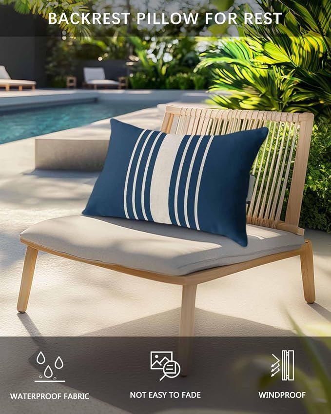 Pack of 2 Outdoor Lumbar Pillow Covers 11x16 Inch, Navy Blue Beige Striped Waterproof Throw Pillow Covers Set, Modern Farmhouse Retro Lines Indoor&Outdoor Cushion Cases for Patio Porch Beach
