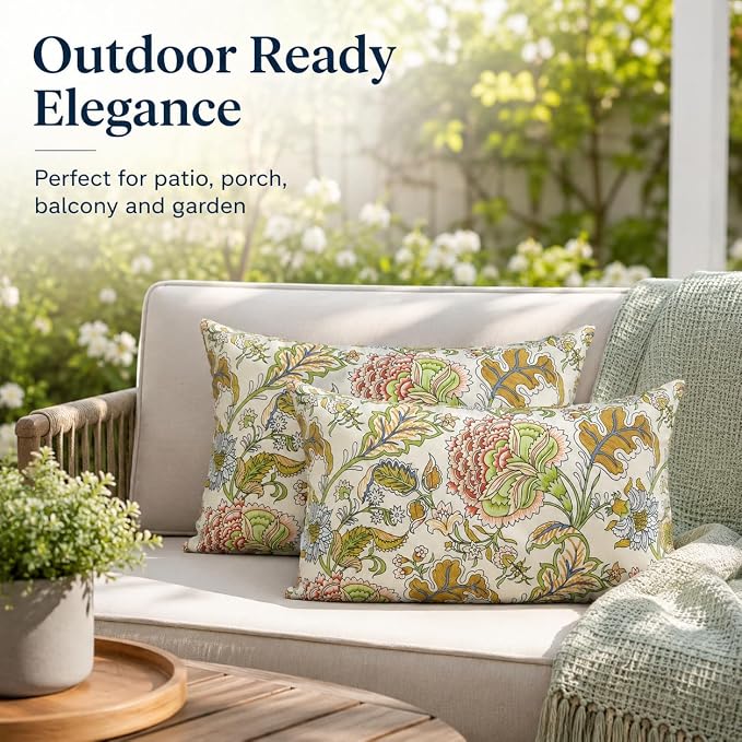Outdoor Lumbar Pillows 12x20, 2 Pack with Inserts,Yellow Floral | 2-Pack 12x20 Outdoor Lumbar Pillows with Inserts, Water-Repellent Covers, Hidden Zippers, Plump Comfort for Patio & Sofa