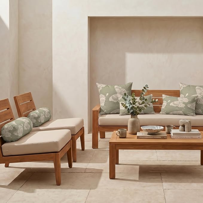 RSH DECOR: 6-Pack Pillow Set | Sunbrella Performance Fabric |Water & Fade-Resistant| 17" Square, 20"x12" Lumbar, 20"x6" Neck Roll | Outdoor Pillows for Patio Furniture | Made in USA (Farfalla Spring)