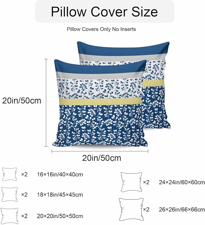 Blue Yellow Outdoor Pillow Covers 24x24 Inch Throw Pillow Covers Set of 2 Waterproof Decorative Pillow Cases Botanical Floral Motifs Wildflower Striped Cushion Covers for Patio Furniture Garden Couch