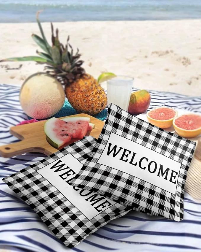 Outdoor Waterproof Pillow Covers for Patio Furniture Black Buffalo Check Plaid Decorative Throw Pillow Cover Welcome Pillowcases Set of 2 Cushion Case for Sofa Couch Chair Home Decor 24x24 inch