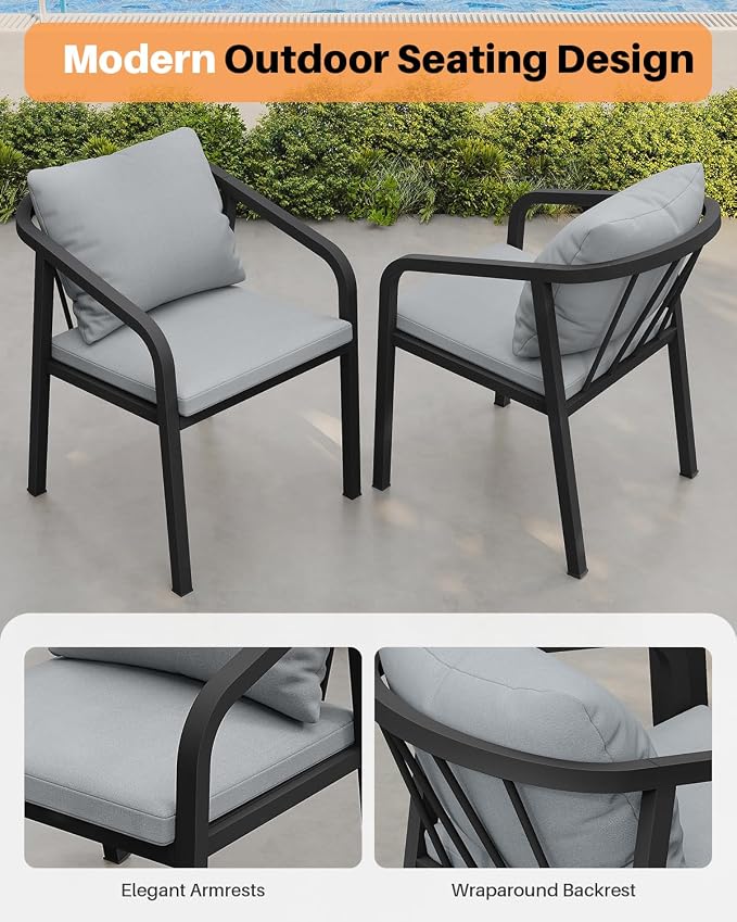 Never-Rust Aluminum Outdoor Dining Chairs Set Of 2, Patio Dining Chairs with Thick Cushion, Outdoor Patio Chairs with Wraparound Backrest and Curved Armrest for Balcony, Lawn, Courtyard, Black