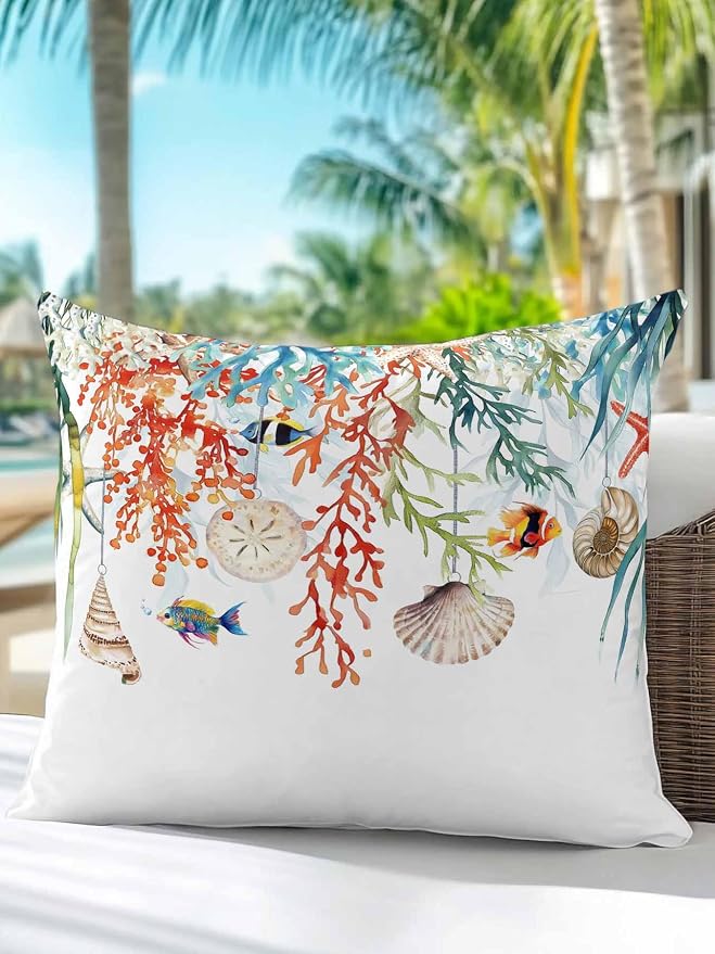 Outdoor Waterproof Throw Pillows Summer Colorful Coral Shell Conch Patio Pillows,Decorative Pillow Covers with Insert,Pillow Cushion Case for Garden Couch Sofa Sea Starfish Fish Marine Life