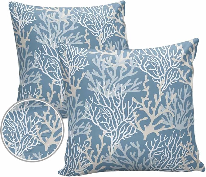Pack of 2 Outdoor Pillow Covers 16x16 Waterproof Blue Coral Coastal Throw Pillow Covers, Decorative Pillowcases Nautical Ocean Marine Organism Cushion Covers for Patio Garden Couch Pillow Case