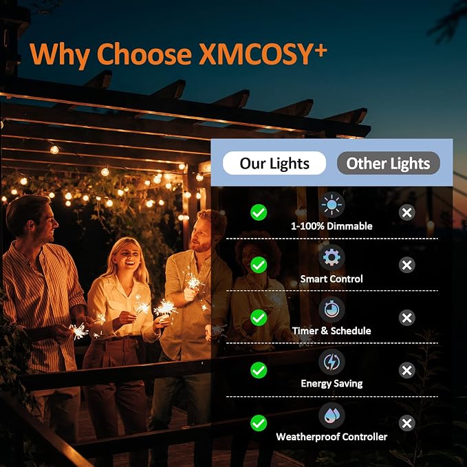 XMCOSY+ Patio Lights, Smart 50Ft Outdoor String Lights with 25 G40 Bulbs | Dimmable LED globe bulbs, APP control, works with Alexa, IP65 waterproof, connectable design for outdoor patio decor