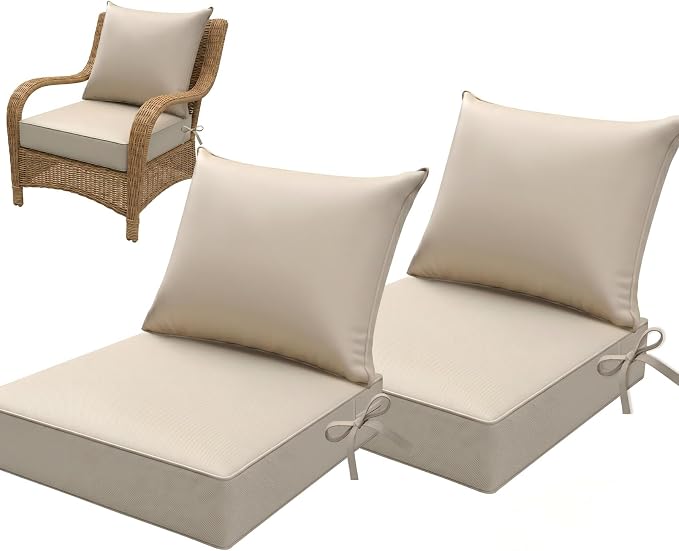 Srora 2Pcs Outdoor Deep Seat Patio Cushions, 5-Inch Thick Outdoor Chair Cushions, Waterproof 300GSM Colorwoven Fabric, 1200H+ Fade Resistant, Hidden Zipper Covers, 2 Ties, Outdoor Cushions