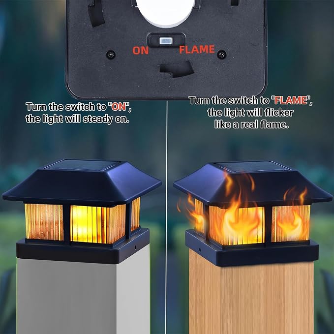 Dynaming Solar Flame Post Cap Lights Outdoor, Solar Powered Fence Post Light, Flickering Flame LED Lantern Lamps Waterproof for Garden Deck Patio, Fit 4x4 Wooden/Vinyl Posts, 2 Pack