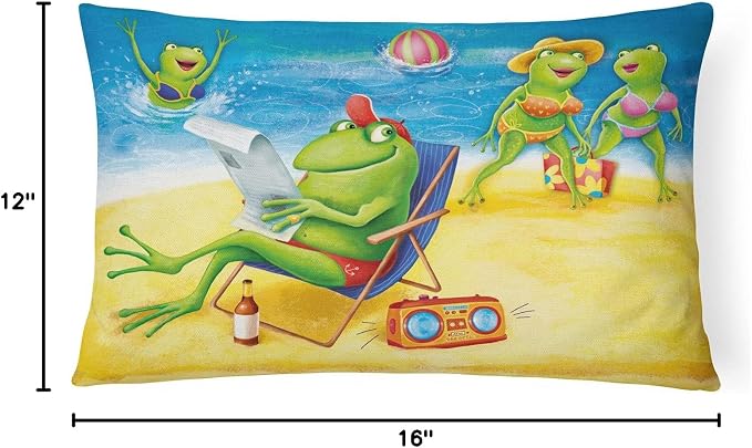 Caroline's Treasures APH0080PW1216 Frogs on The Beach Canvas Fabric Decorative Pillow Machine Washable, Indoor Outdoor Decorative Pillow for Couch, Bed or Patio, 12HX16W