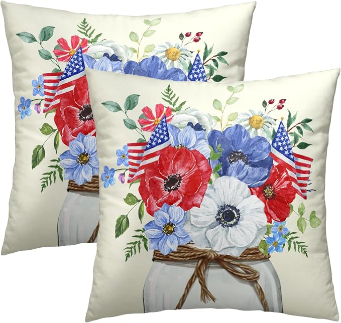 4th of July Flowers Pillow Covers 20x20 Inch, 2Pcs Blue Red Poppies with American Flag Pillow Case Independence Memorial Day Decorative Cushion Cover for Sofa Bed Couch