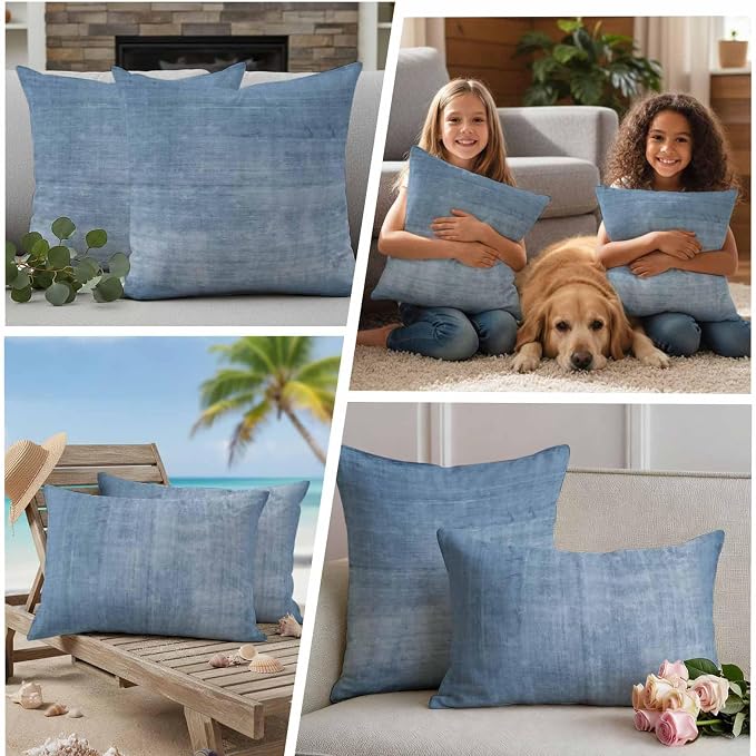 Vandarllin Outdoor Throw Pillows Covers 20x20 inch Set of 2 Waterproof Blue Linen Decorative Zippered Cushion Covers for Patio Furniture, Solid Color Texture Lumbar Pillowcases