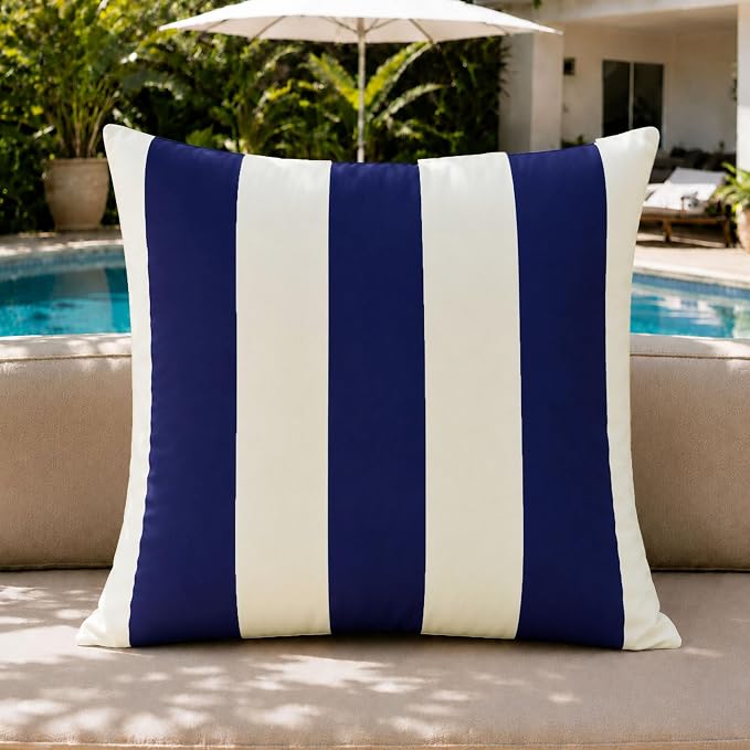 Allorry Outdoor Pillow Covers 18x18 Navy Blue Striped Decoration Throw Pillow Covers for Spring Summer Outdoor Waterproof Garden Patio Furniture Sofa Bed Home Decor JB016-A18
