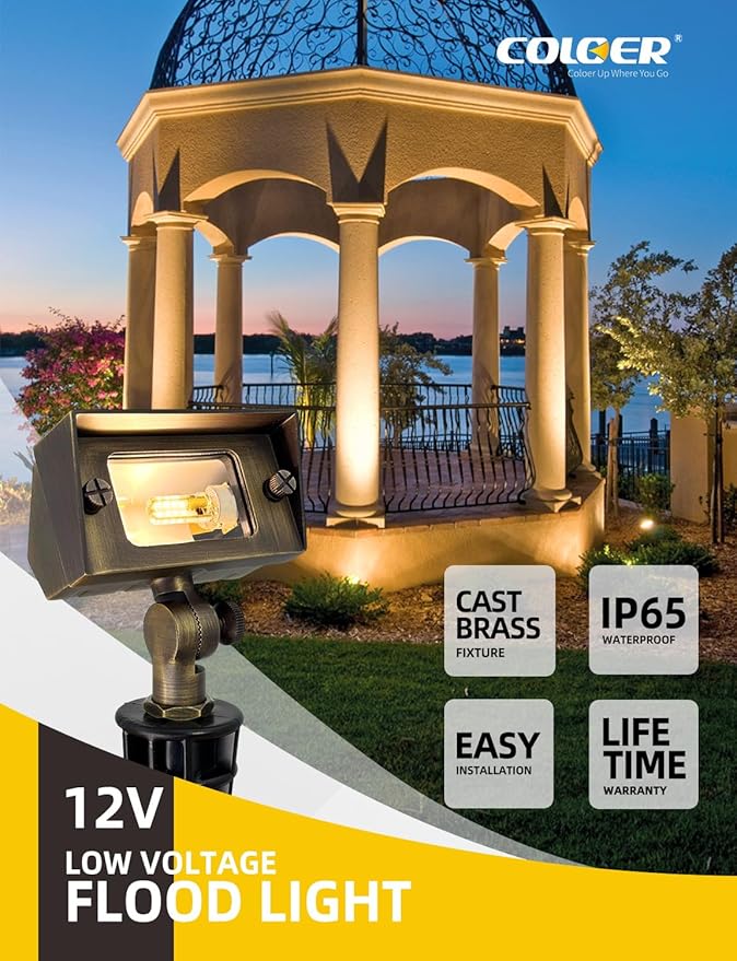 COLOER Brass Small Rectangular Flood Lights Outdoor 12 Pack with 3W 2700K Warm White LED G4 Bulb, 12V Low Voltage Landscape Outside Lights for House Illuminating Signs, Walls and Plant Material