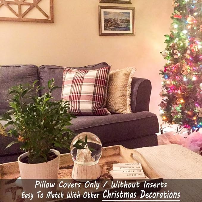 CARRIE HOME Red Christmas Euro Pillow Covers 26x26 Set of 2, Winter Christmas Holiday Red Farmhouse Buffalo Plaid European Pillow Covers 26 x 26 for Livingroom Couch Sofa