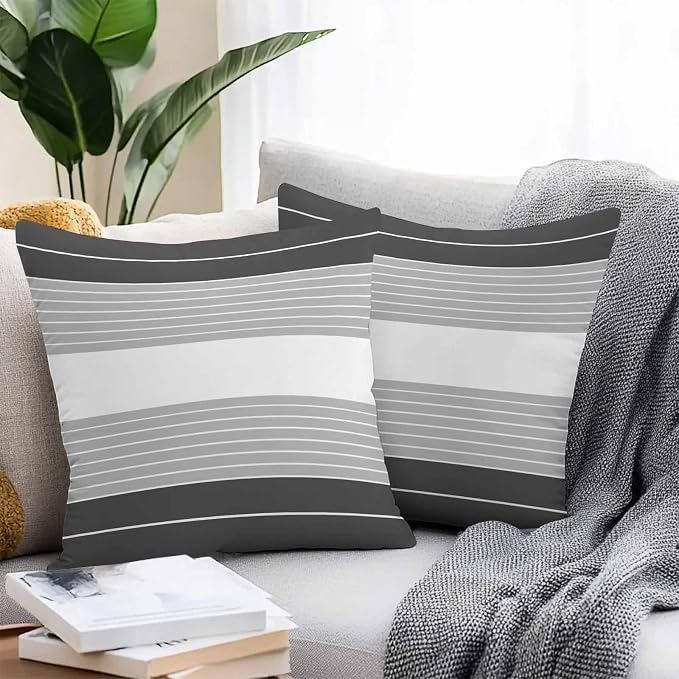 Black Grey Stripe Outdoor Pillow Covers Waterproof, All Weather Cushion Case Set of 2, Modern Art Horizontal Striped Decorative Pillowcases for Sofa Couch Bed Decor Patio Furniture 16"x16"