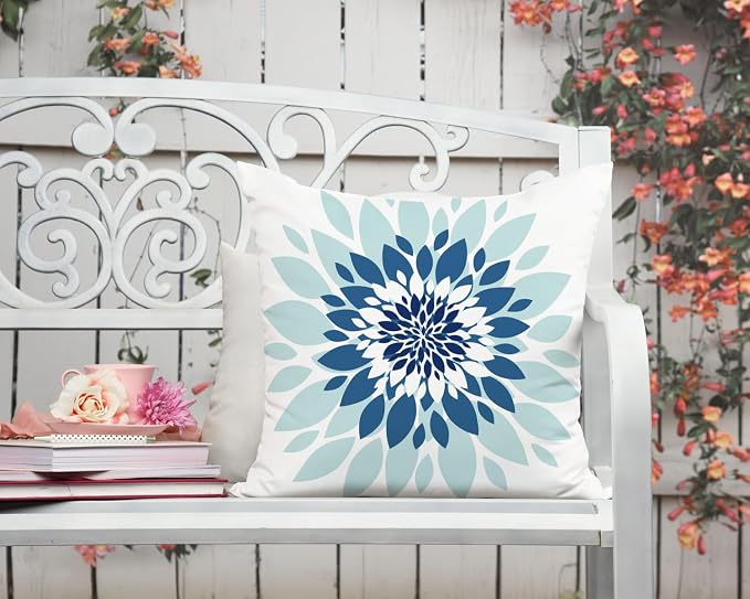 Dahlia Flower Outdoor Pillow Covers 18x18 Inch Set of 2 Waterproof Abstract Floral Summer Decorative Throw Pillow Covers for Patio Furniture Porch Couch Home Decor (Navy Blue Grey)