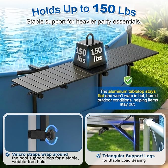 Above Ground Pool Bar, 47" x 11.7" Black Pool Bar Table for Round Above Ground Pools, Stainless Steel Frame, Aluminum Tabletop, UV & Pool Chemical Resistant, Holds 150 lbs