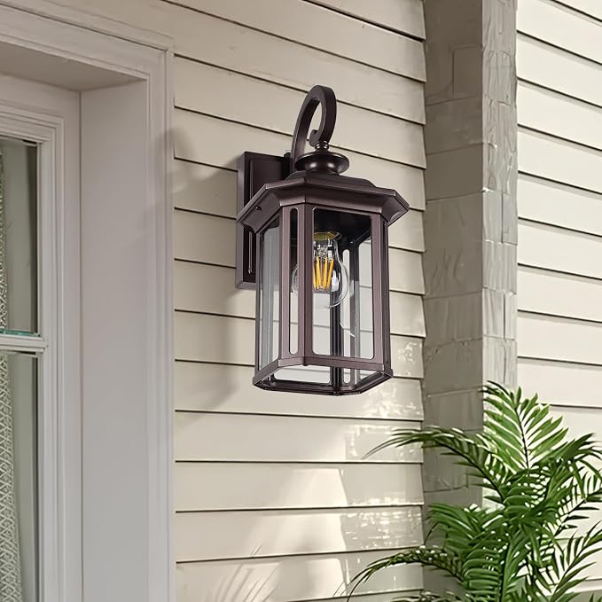Dusk to Dawn Outdoor Wall Light Fixtures,19'' Outdoor Porch Sconces Lighting , Waterproof Wall Lanterns with E26 Sockets & Glass, Modern Oil Rubbed Bronze Outside Lights for Front Door Entryway Garage
