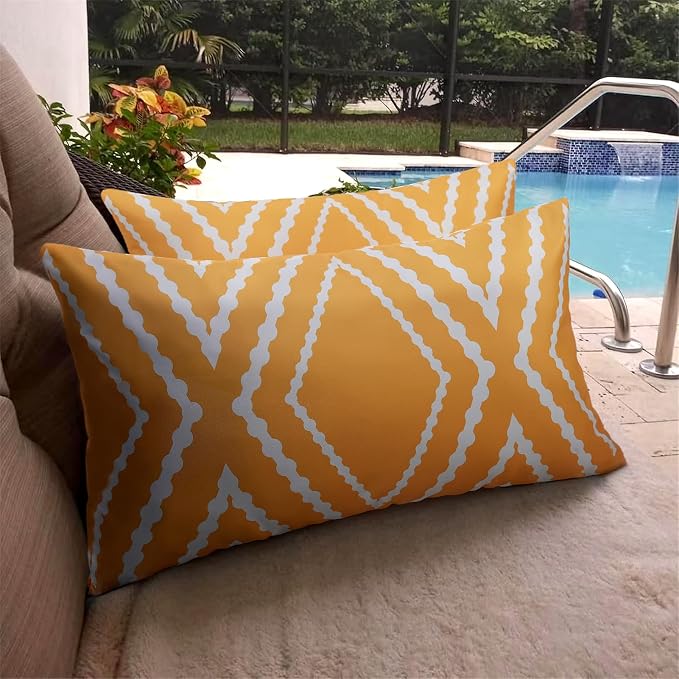 Adabana Outdoor Waterproof Pillow Covers 12x20 Yellow | Geometric Decorative Throw Pillow Covers Set of 2 for Patio, Garden, Porch, Farmhouse