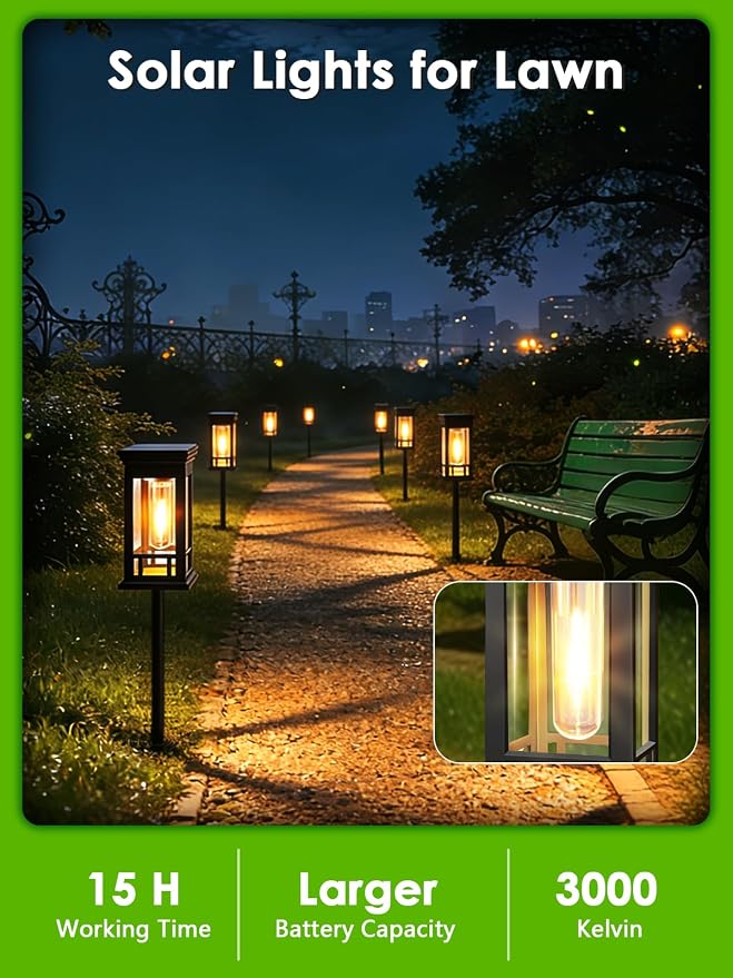 LORRYTE Solar Pathway Lights Outdoor Waterproof, 6 Pack Path Lights | High-performance Solar Panel, Lasts 15hrs, Auto On/Off, Warm White, Solar Powered Garden Light for Walkway Landscape Decor