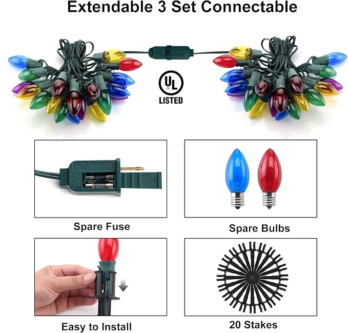 TIORIY Christmas Lights Outdoor 20 Pathway Lights - 24.2ft Multicolor Walkway Light with Stakes, C9 Driveway Light for Outside Yard Garden, Extendable for Xmas Holiday Decorations, 20 Lights