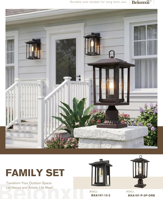 Beionxii Oil Rubbed Bronze Outdoor Post Lights 2 Pack, 19In Lamp Post Light Fixture for Outside with Pier Mount Base, Waterproof Aluminum Housing,ORB Column Mount Light(Hardwired 120V),BXA197-P-2P-ORB