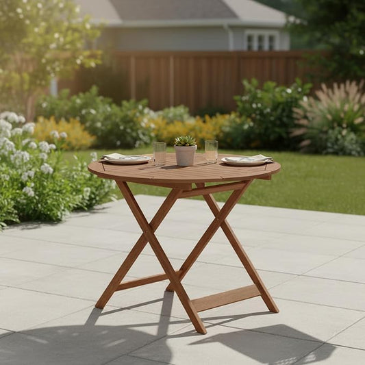 Furinno TIOMAN Folding Patio Dining Table, Outdoor Wooden Table with Umbrella Hole, Round 4-Person Patio Table for Garden, Porch, Backyard, Light Wood