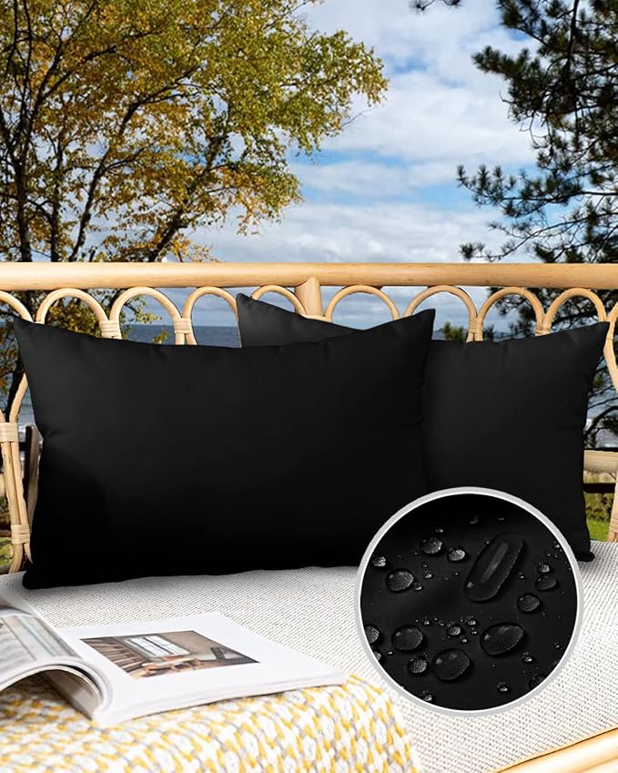 Outdoor Waterproof Pillow Covers for Patio Furniture Black Decorative Throw Pillow Cover Solid Color Pillowcases Set of 2 Cushion Case for Sofa Couch Chair Home Decor 20x12 inch x 2pcs