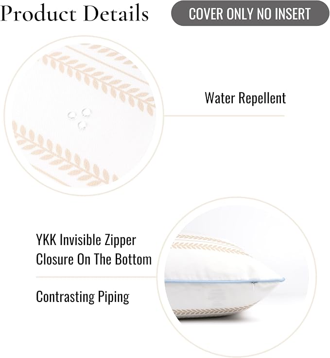 Hofdeco Premium Coastal Hampton Patio Indoor Outdoor Throw Pillow Cover Only, 22"x22" Water Repellent for Backyard, Couch, Poolside, Neutral Tan Blue Print Leaf Striped