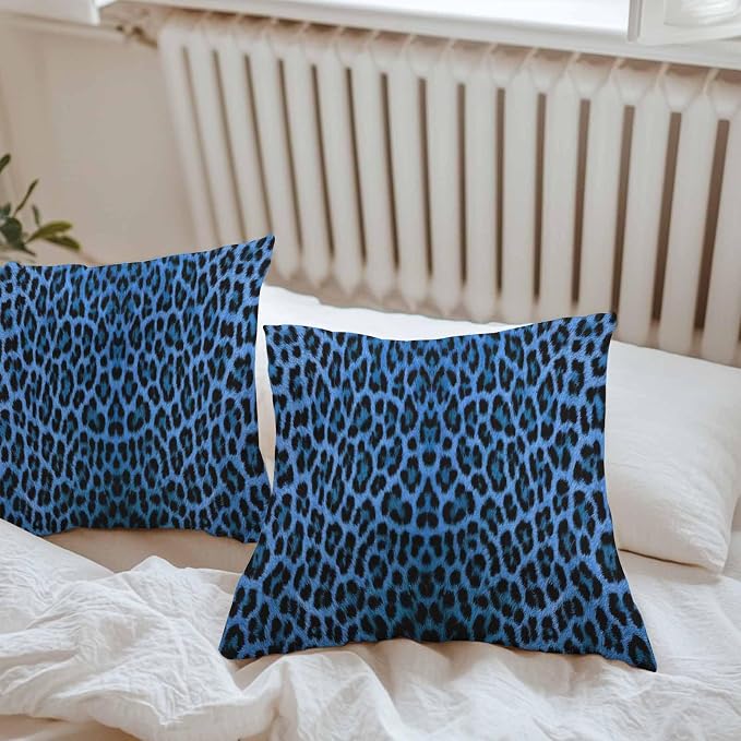 Vandarllin Outdoor Throw Pillows Covers 26x26 inch Set of 2 Waterproof Blue Leopard Print Decorative Zippered Cushion Covers for Patio Furniture, Retro Animal Fur Pattern Lumbar Pillowcases