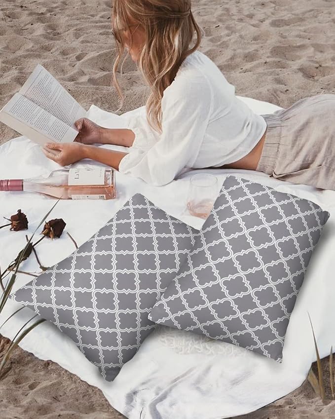 Outdoor Waterproof Pillow Covers for Patio Furniture Moroccan Pattern Decorative Throw Pillow Cover Geometric Trellis Grey Pillowcases Set of 2 Cushion Case for Sofa Couch Chair Home Decor 20x12 inch