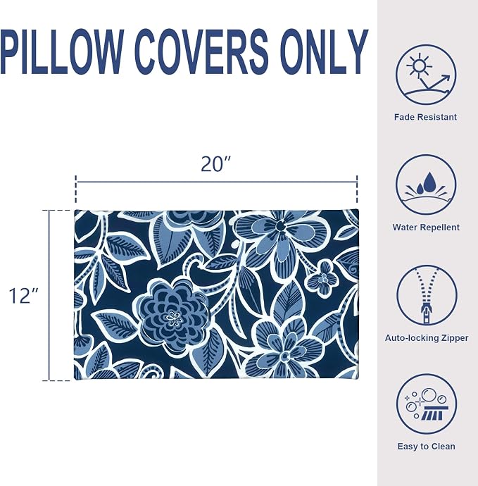 Pack of 2 Outdoor Lumbar Pillow Covers, All Weather Cushion Pillow Cases 12x20 Inch, Pillowcase for Patio Couch Decoration, Flower Navy