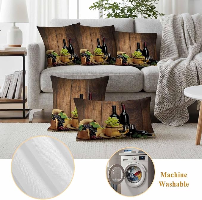 Outdoor Pillow Covers 24 x 24 Inches, Red Wines Waterproof Throw Pillow Cover Set of 2, Champagne Grapes Galsses Country Wooden Plank Decorative Square Cushion Covers for Patio/Couch/Garden