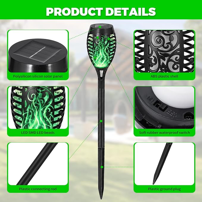 8 Pack Solar Lights Outdoor, Green Flickering Flame Torches | Green Flickering Flame, Long Nighttime Glow, Auto-On at Dusk, IP65 Weather-Resistant, Tool-Free Ground Setup