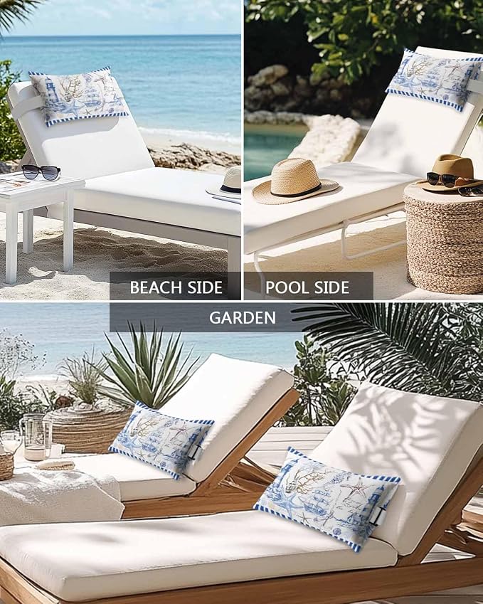 Navy Blue Coastal Outdoor Lumbar Pillow Covers 12"x20" Set of 4, Decorative Throw Pillow Covers for Patio, Summer Nautical Lighthouse Starfish Waterproof Cushion Case for Pool Beach Chair