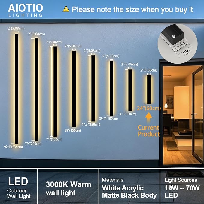 AioTio Modern Outdoor Wall Light for House,23.6inch Black LED Exterior Wall Sconces Lighting Fixtures, Outdoor Porch Light Fixture 3000K Long Linear Wall Light Outside Lighting for Patio,Garage